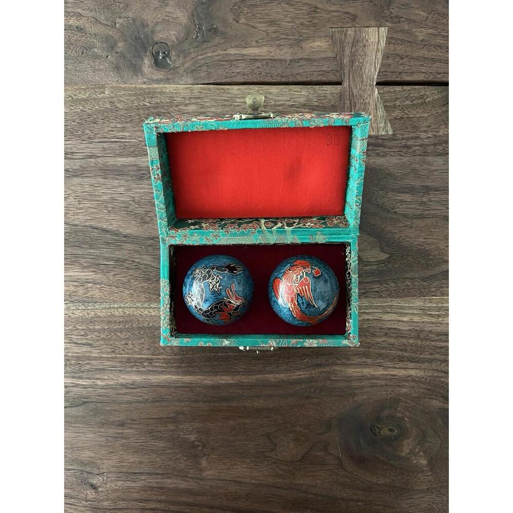 Vtg Chinese Baoding Cloisonné Balls with Brocade Box - Cloisonné Dragon Design